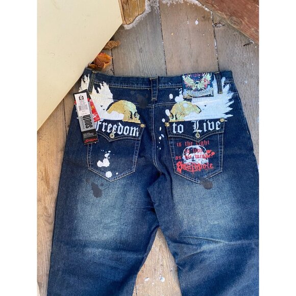 BNWT Y2K SouthPole Embroidered Freedom to Live Tint Khaki Jeans Size 42 - Picture 4 of 14